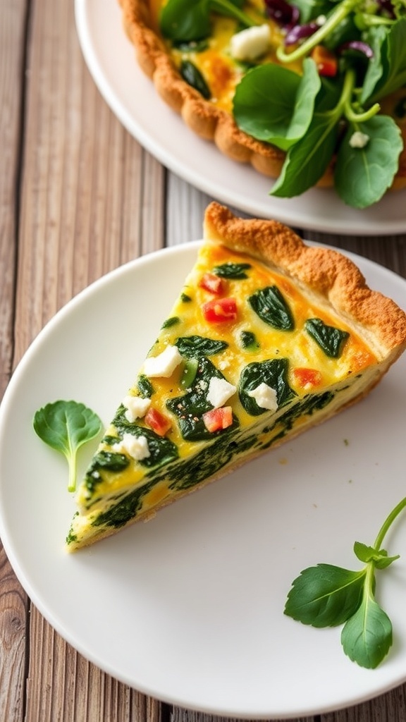 A slice of spinach and feta quiche on a plate with a salad, highlighting its golden crust and green filling.